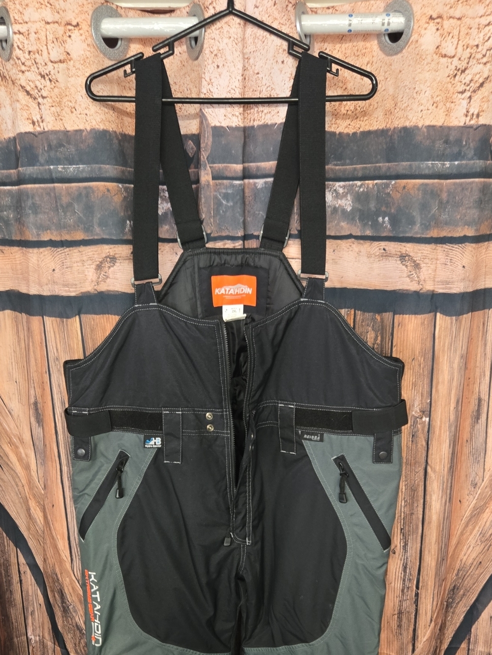 Men’s Black & Green/Gray Riding Bib Pants with Adjustable Suspenders.